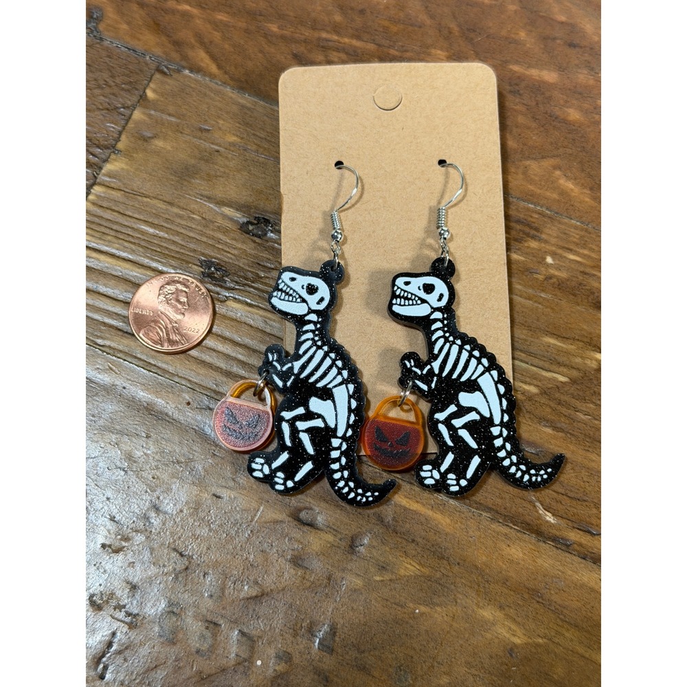 Halloween Dinosaur Skeleton Earrings T-Rex Pumpkin Trick or Treat Dangle Jewelry